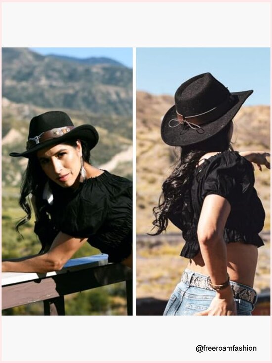 Classic Felt Cowboy Hat with Buckle Belt, Wide Brim Western Vintage Fedora main image 4